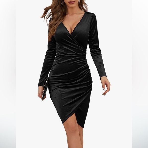 Velvet V-Neck Long Sleeve Wrap Bodycon Ruched Cocktail Party Wedding Guest Dress - Picture 1 of 7